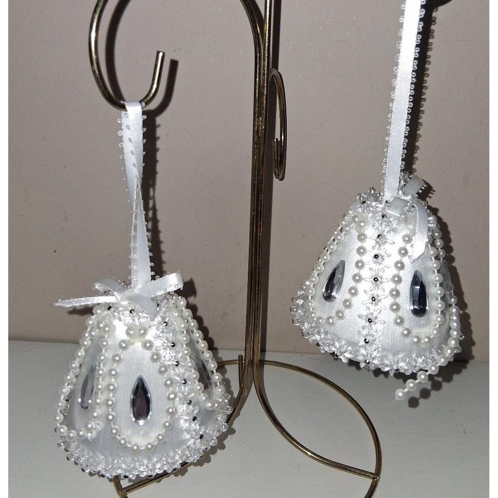 Vintage Handmade White Beaded Bell Christmas Ornaments Set of 2 Satin Pearls Seq